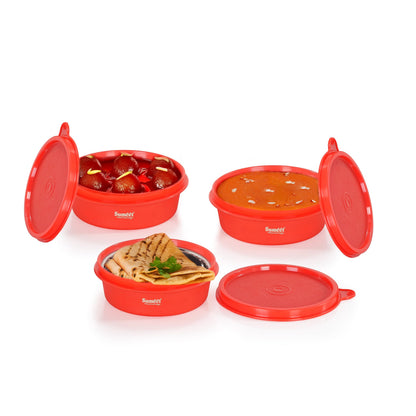 Sumeet ISI Certified Inside Steel Microwave Safe BPA Free Lunch Boxes/Storage Containers with Air Tight & Leak Proof Lid for Home/Office/School, 250ml, Set of 3, Red