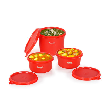 Sumeet ISI Certified Inside Steel Microwave Safe BPA Free Lunch Boxes/Storage Containers with Air Tight & Leak Proof Lid for Home/Office/School, 350ml & 500ml Set of 3, Red