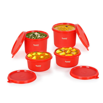 Sumeet ISI Certified Inside Steel Microwave Safe BPA Free Lunch Boxes/Storage Containers with Air Tight & Leak Proof Lid for Home/Office/School, 350ml & 500ml Set of 4, Red