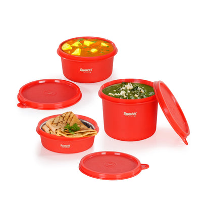 Sumeet ISI Certified Inside Steel Microwave Safe BPA Free Lunch Boxes/Storage Containers with Air Tight & Leak Proof Lid for Home/Office/School, 250ml, 350ml & 500ml, Set of 3, Red