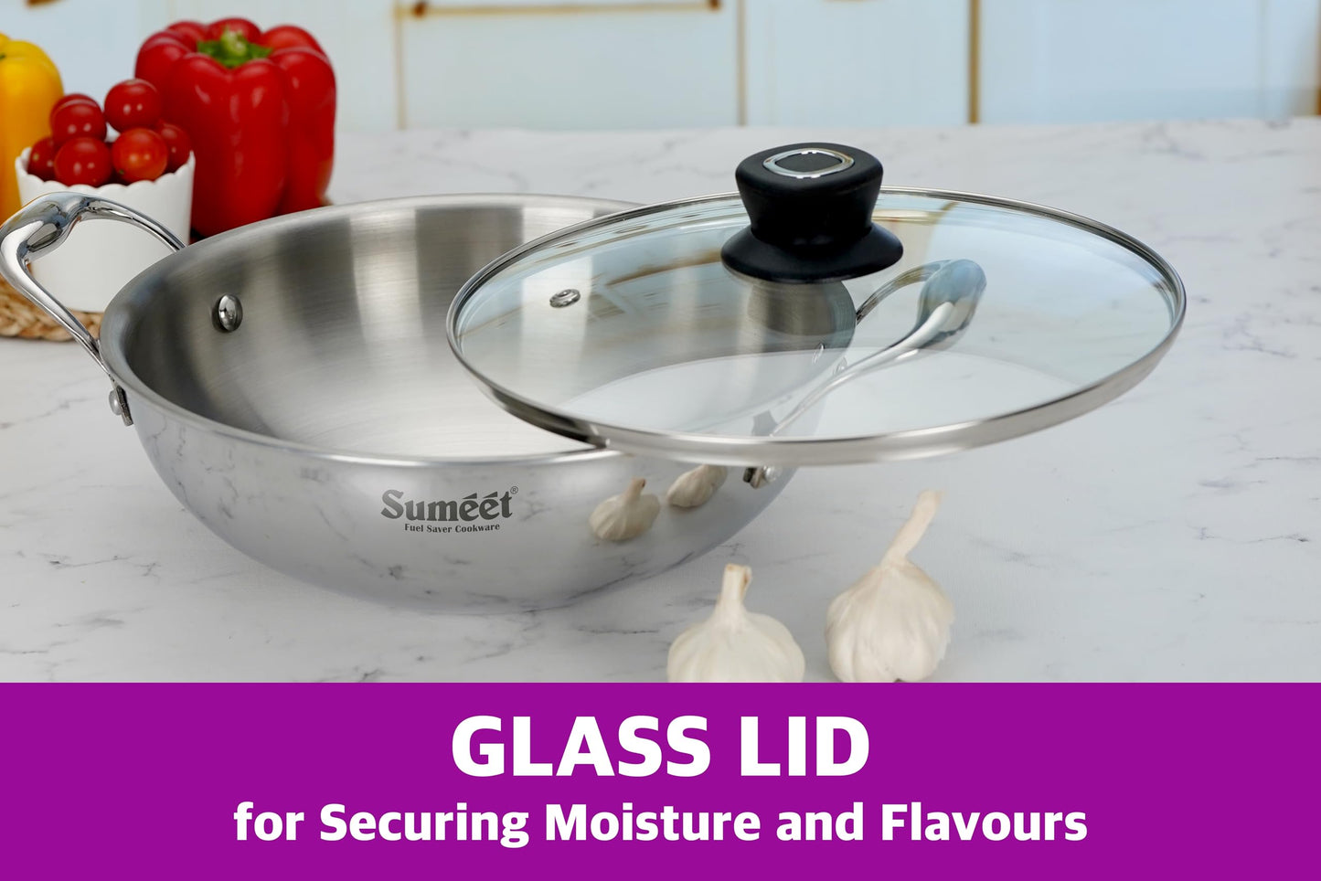 Sumeet Cook Smart TriPly Stainless Steel Induction Base Deep Kadai with Glass Lid - 4 LTR - 28Cm, Pack of 1, Silver