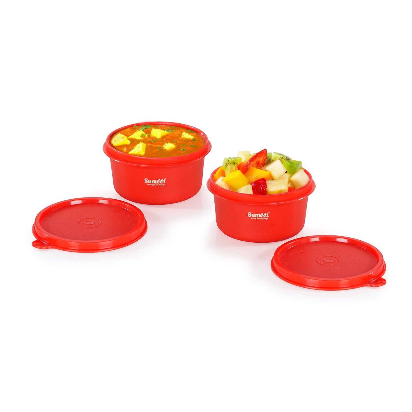 Sumeet ISI Certified Inside Steel Microwave Safe BPA Free Lunch Boxes/Storage Containers with Air Tight & Leak Proof Lid for Home/Office/School, 350ml, Set of 2, Red