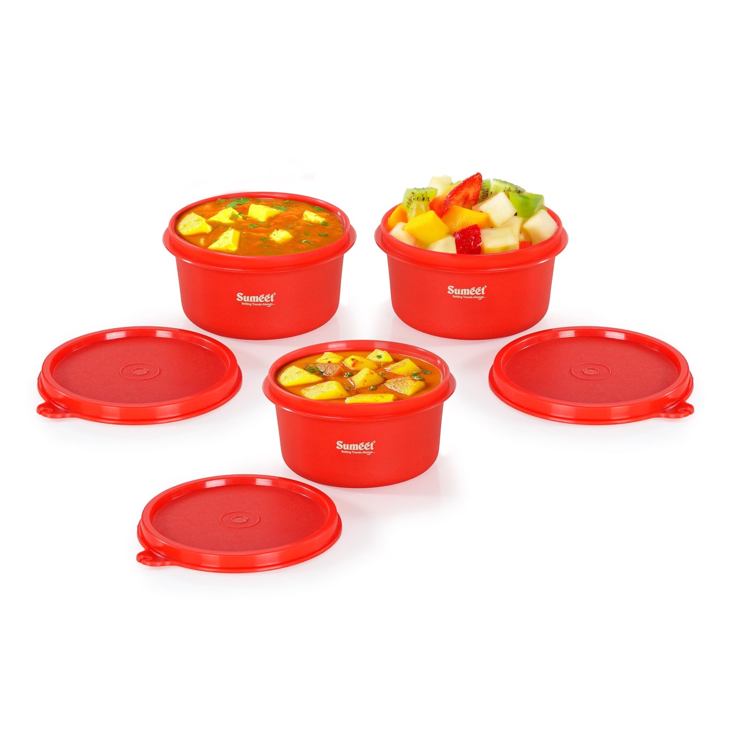 Sumeet ISI Certified Inside Steel Microwave Safe BPA Free Lunch Boxes/Storage Containers with Air Tight & Leak Proof Lid for Home/Office/School, 350ml, Set of 3, Red