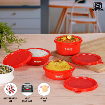 Sumeet ISI Certified Inside Steel Microwave Safe BPA Free Lunch Boxes/Storage Containers with Air Tight & Leak Proof Lid for Home/Office/School, 250ml & 350ml Set of 3, Red