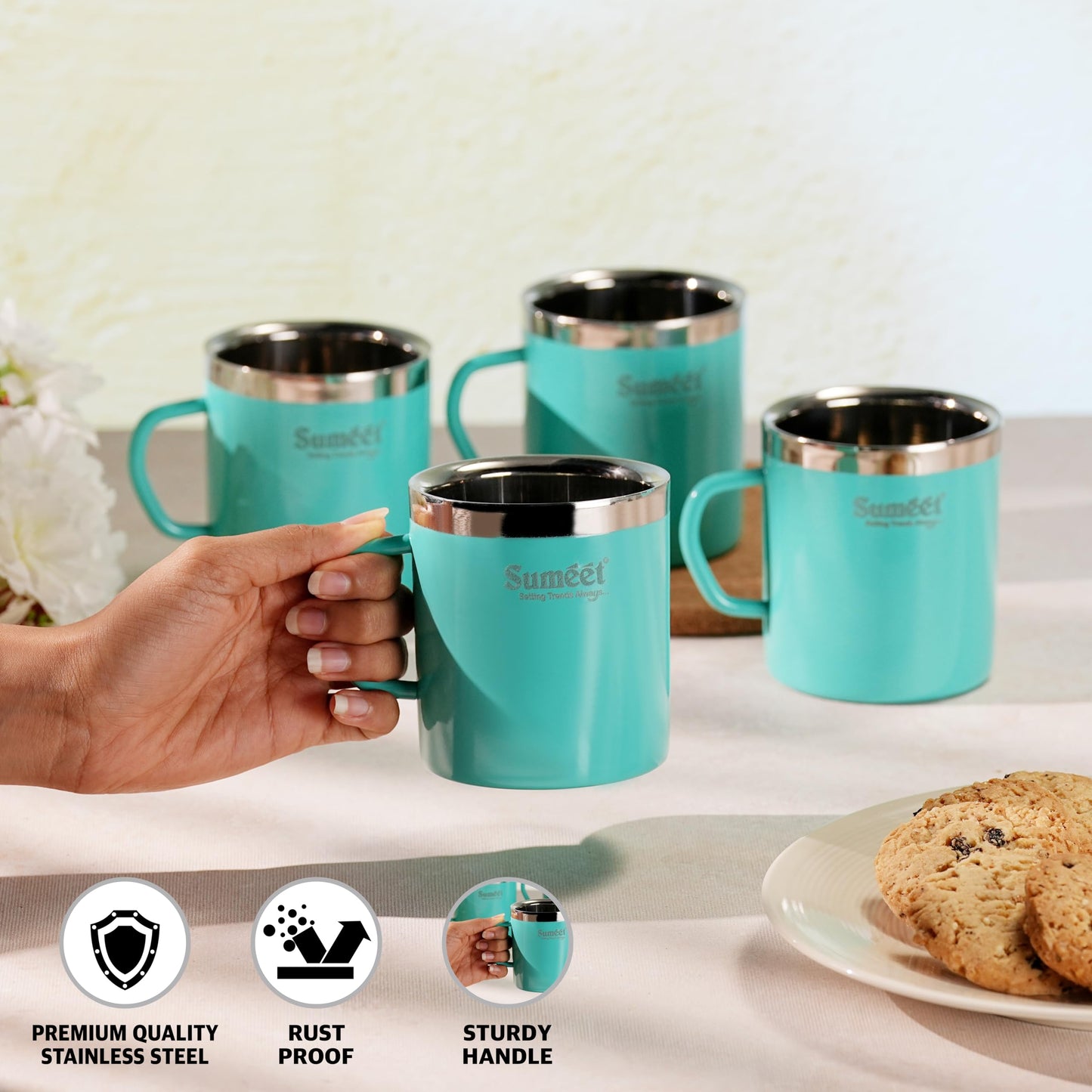 Sumeet Stainless Steel Coloured Double Wall Tea/Milk/Coffee Mug Set of 4Pc - 300ml - Green