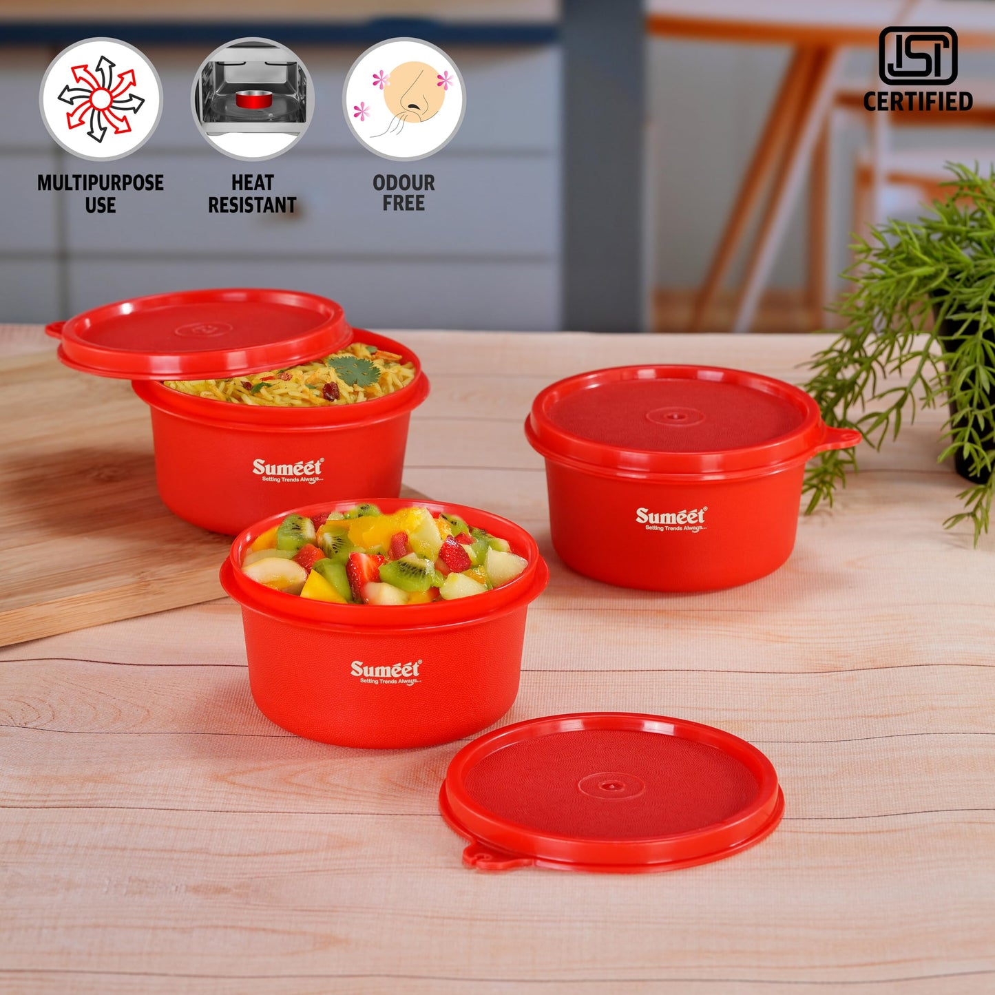 Sumeet ISI Certified Inside Steel Microwave Safe BPA Free Lunch Boxes/Storage Containers with Air Tight & Leak Proof Lid for Home/Office/School, 350ml, Set of 3, Red