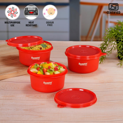 Sumeet ISI Certified Inside Steel Microwave Safe BPA Free Lunch Boxes/Storage Containers with Air Tight & Leak Proof Lid for Home/Office/School, 350ml, Set of 3, Red