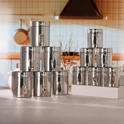 Sumeet Stainless Steel Small Containers/Jars/Dabba for Kitchen Storage with See Through Window - set of 12Pcs, 310ml +700ml capacity,7.3cm & 9.5cm Dia, Silver
