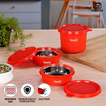 Sumeet ISI Certified Inside Steel Microwave Safe BPA Free Lunch Boxes/Storage Containers with Air Tight & Leak Proof Lid for Home/Office/School, 250ml & 500ml Set of 3, Red