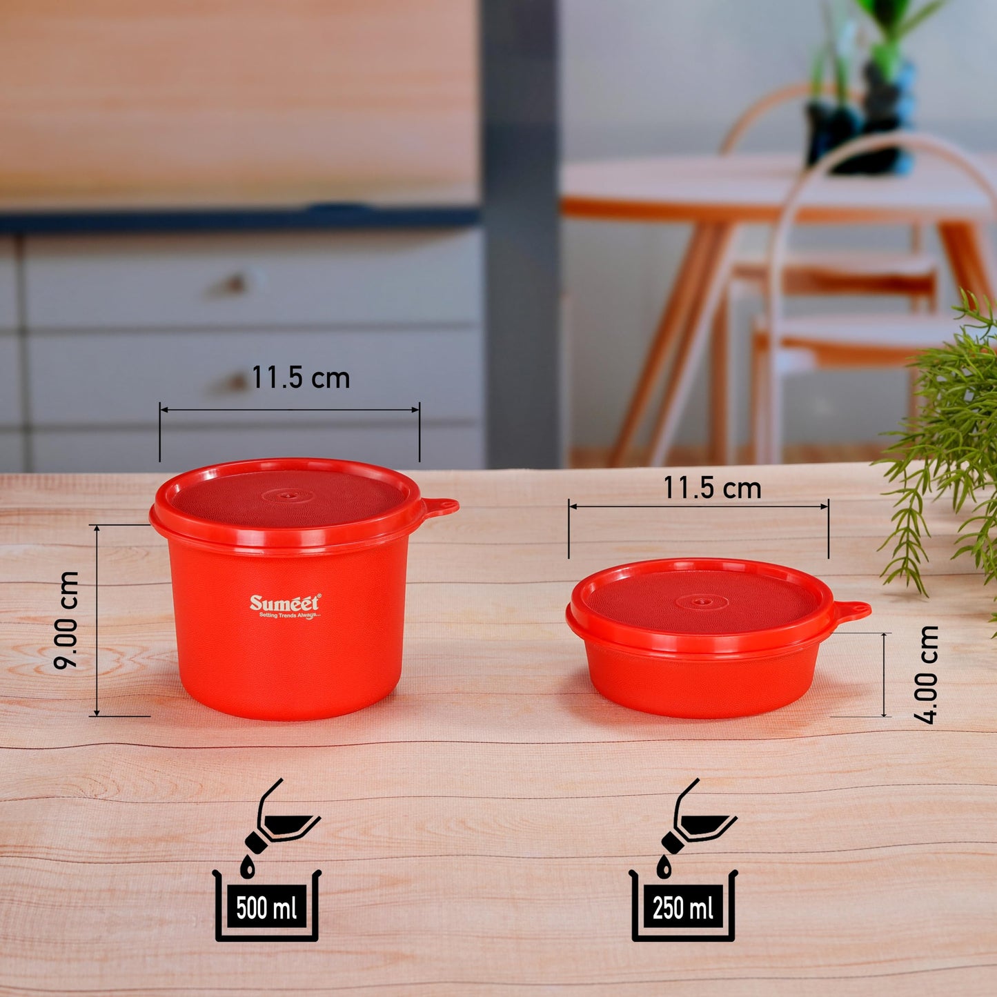 Sumeet ISI Certified Inside Steel Microwave Safe BPA Free Lunch Boxes/Storage Containers with Air Tight & Leak Proof Lid for Home/Office/School, 250ml & 500ml Set of 4, Red