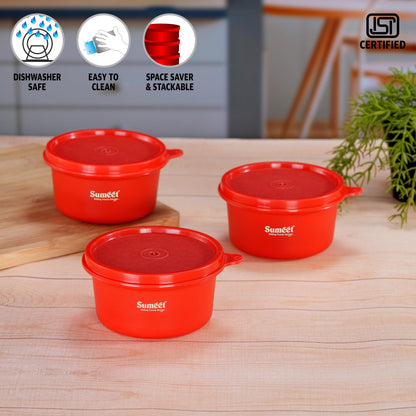 Sumeet ISI Certified Inside Steel Microwave Safe BPA Free Lunch Boxes/Storage Containers with Air Tight & Leak Proof Lid for Home/Office/School, 350ml, Set of 3, Red