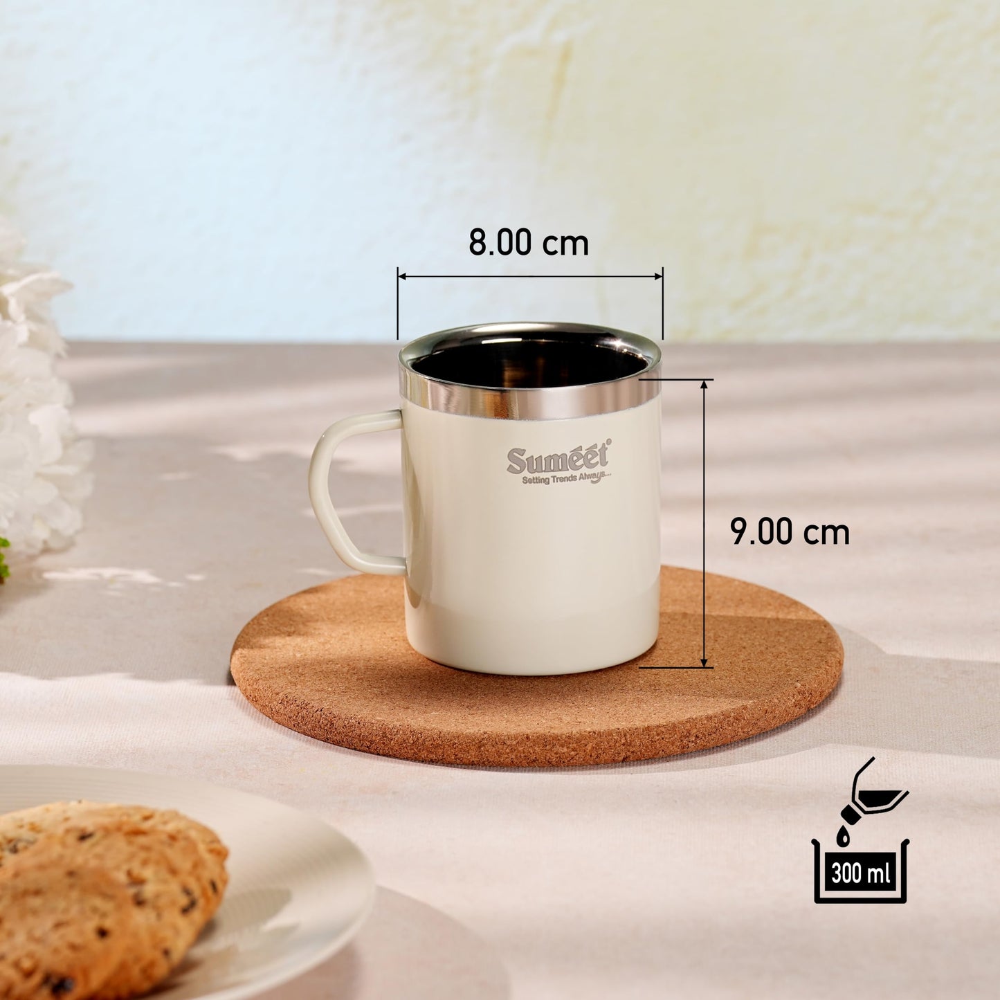 Sumeet Stainless Steel Coloured Double Wall Tea/Milk/Coffee Mug Set of 4Pc - 300ml - Ivory