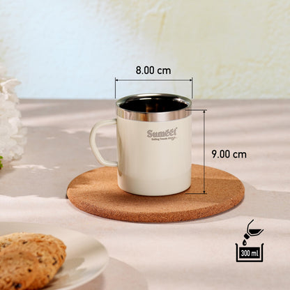 Sumeet Stainless Steel Coloured Double Wall Tea/Milk/Coffee Mug Set of 4Pc - 300ml - Ivory