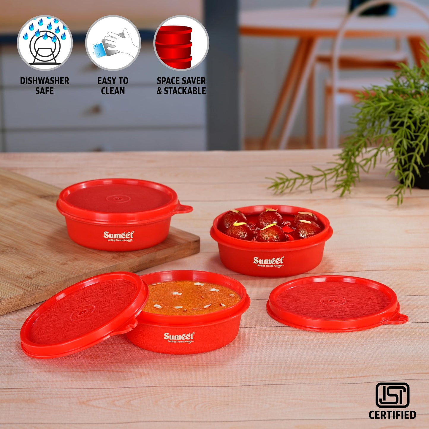 Sumeet ISI Certified Inside Steel Microwave Safe BPA Free Lunch Boxes/Storage Containers with Air Tight & Leak Proof Lid for Home/Office/School, 250ml, Set of 3, Red
