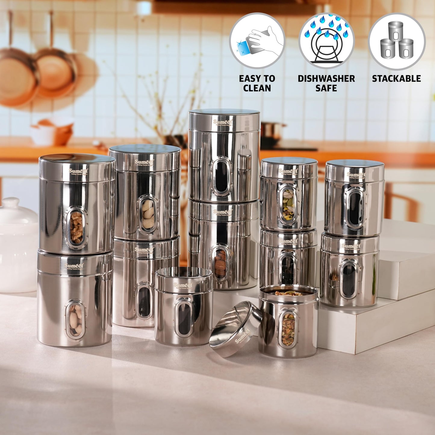 Sumeet Stainless Steel Small Containers/Jars/Dabba for Kitchen Storage with See Through Window - set of 12Pcs, 310ml +700ml capacity,7.3cm & 9.5cm Dia, Silver