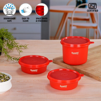 Sumeet ISI Certified Inside Steel Microwave Safe BPA Free Lunch Boxes/Storage Containers with Air Tight & Leak Proof Lid for Home/Office/School, 250ml & 500ml Set of 3, Red