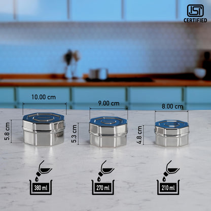 Sumeet ISI Certified Stainless Steel Hexagon Shape Small Canisters/Dabba/Storage Containers for Kitchen, Set of 6, 210ml. 270ml, 380ml - Silver