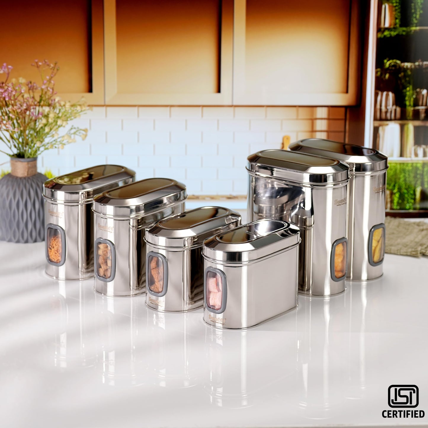 Sumeet ISI Certified Stainless Steel Capsul Canister/Container for Kitchen Storage with See Through Window - Set of 6 Pcs - 1400ml + 1850ml + 2600ml, Silver