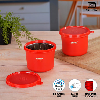 Sumeet ISI Certified Inside Steel Microwave Safe BPA Free Lunch Boxes/Storage Containers with Air Tight & Leak Proof Lid for Home/Office/School, 500ml, Set of 2, Red