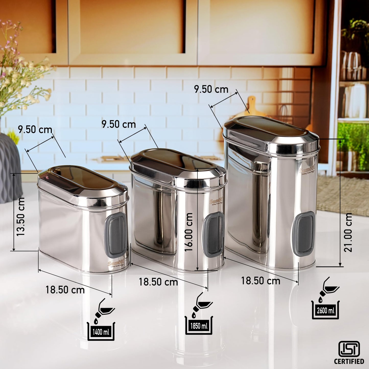 Sumeet ISI Certified Stainless Steel Capsul Canister/Container for Kitchen Storage with See Through Window - Set of 6 Pcs - 1400ml + 1850ml + 2600ml, Silver