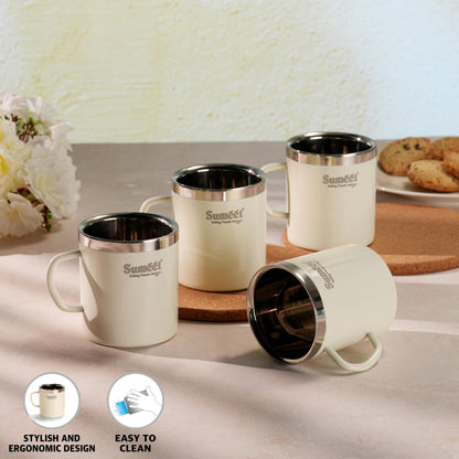Sumeet Stainless Steel Coloured Double Wall Tea/Milk/Coffee Mug Set of 4Pc - 300ml - Ivory