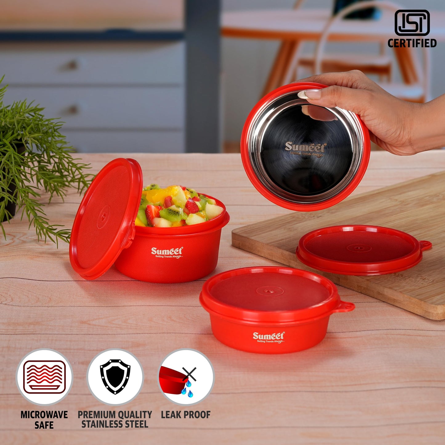 Sumeet ISI Certified Inside Steel Microwave Safe BPA Free Lunch Boxes/Storage Containers with Air Tight & Leak Proof Lid for Home/Office/School, 250ml & 350ml Set of 3, Red