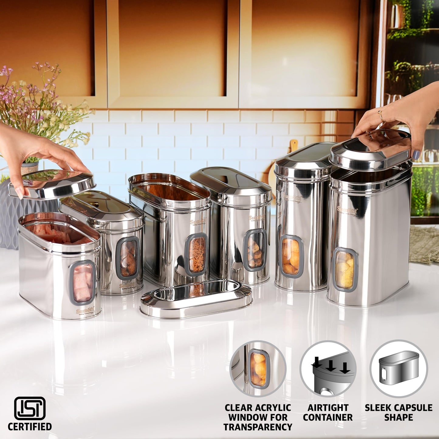 Sumeet ISI Certified Stainless Steel Capsul Canister/Container for Kitchen Storage with See Through Window - Set of 6 Pcs - 1400ml + 1850ml + 2600ml, Silver