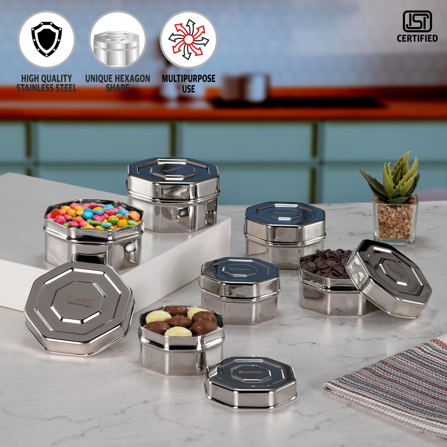 Sumeet ISI Certified Stainless Steel Hexagon Shape Small Canisters/Dabba/Storage Containers for Kitchen, Set of 6, 210ml. 270ml, 380ml - Silver