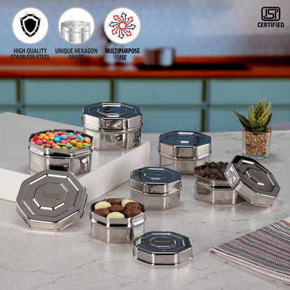Sumeet ISI Certified Stainless Steel Hexagon Shape Small Canisters/Dabba/Storage Containers for Kitchen, Set of 6, 210ml. 270ml, 380ml - Silver