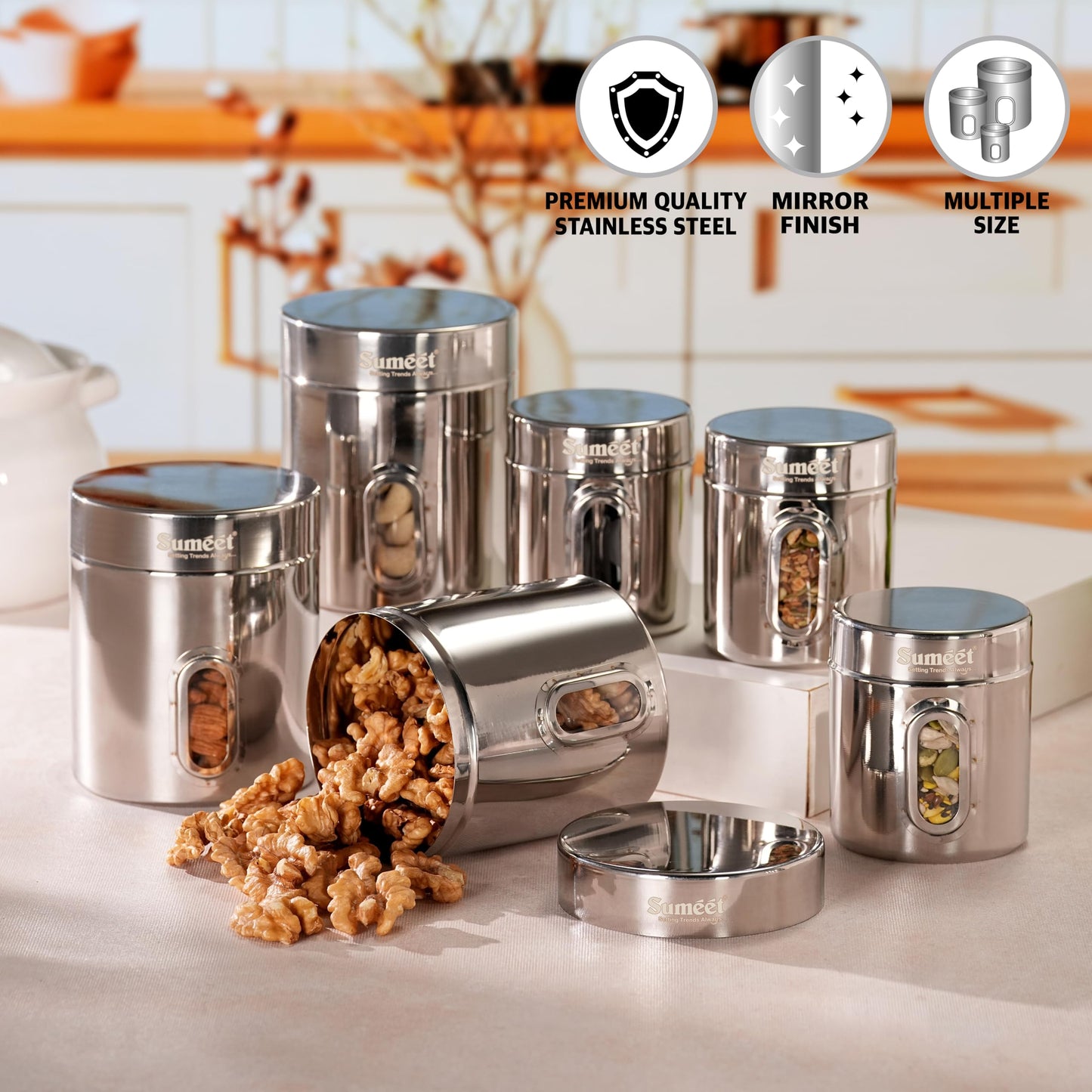 Sumeet Stainless Steel Small Containers/Jars/Dabba for - set of 6Pcs, 310ml +700ml capacity,7.3cm & 9.5cm Dia, Silver