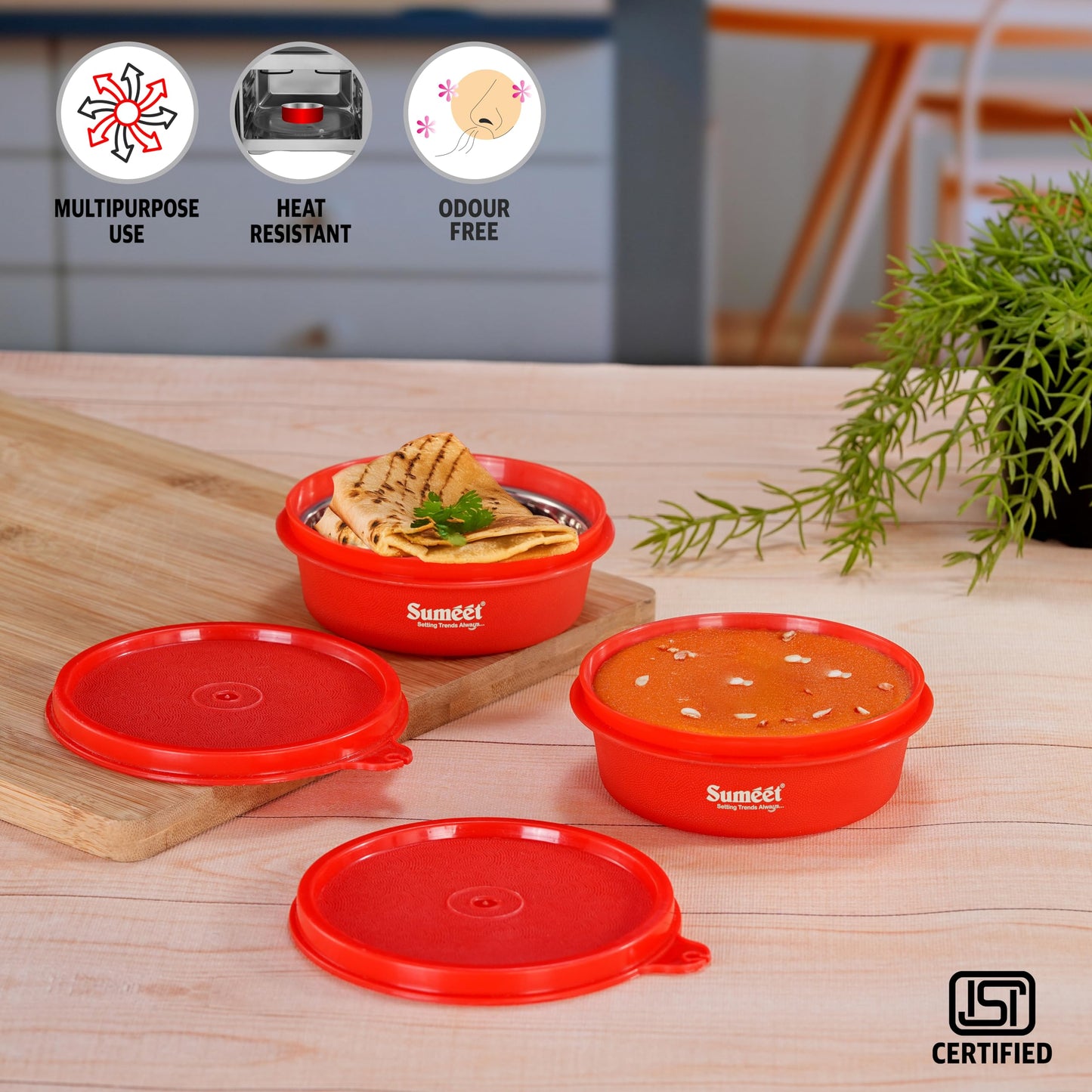 Sumeet ISI Certified Inside Steel Microwave Safe BPA Free Lunch Boxes/Storage Containers with Air Tight & Leak Proof Lid for Home/Office/School, 250ml, Set of 2, Red