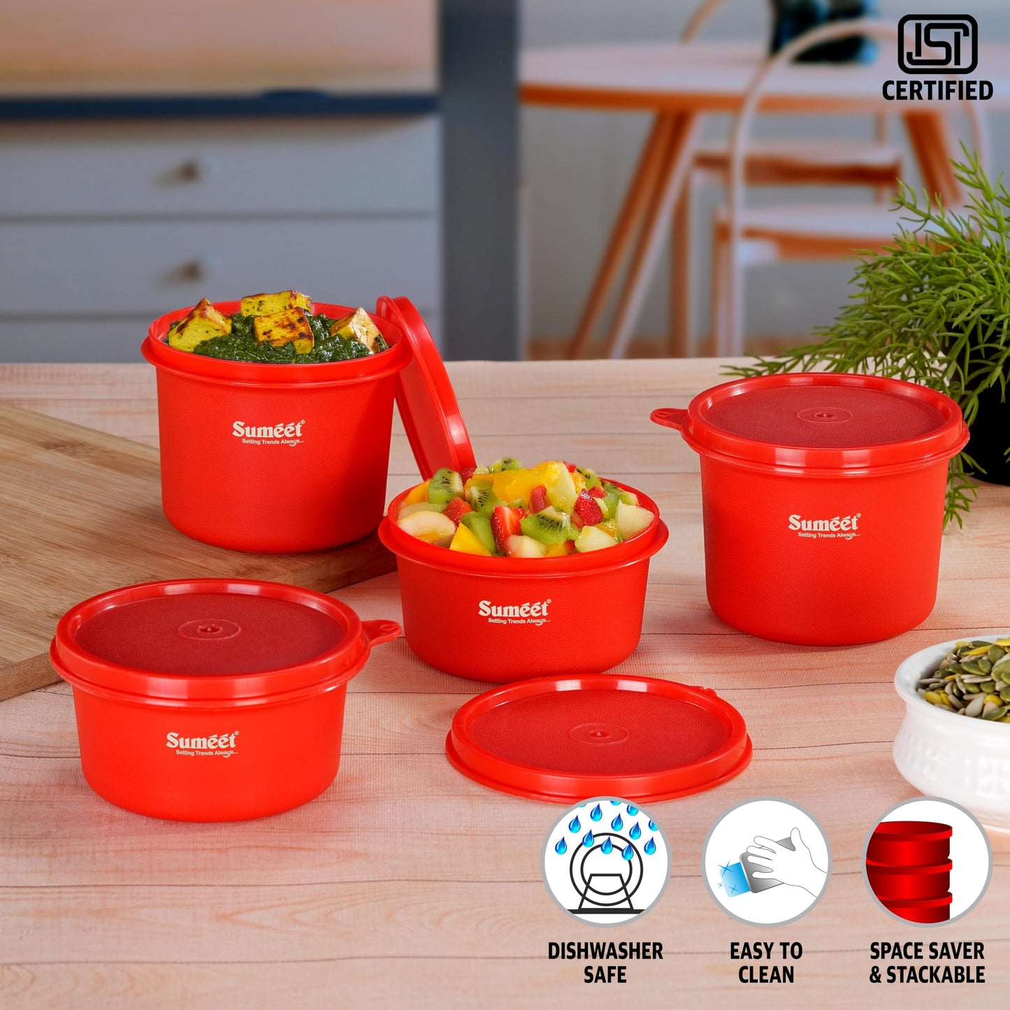 Sumeet ISI Certified Inside Steel Microwave Safe BPA Free Lunch Boxes/Storage Containers with Air Tight & Leak Proof Lid for Home/Office/School, 350ml & 500ml Set of 4, Red