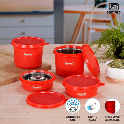 Sumeet ISI Certified Inside Steel Microwave Safe BPA Free Lunch Boxes/Storage Containers with Air Tight & Leak Proof Lid for Home/Office/School, 250ml & 500ml Set of 4, Red