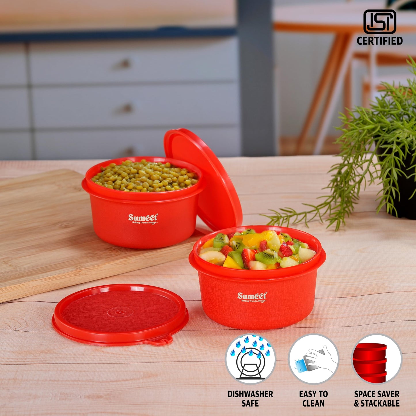 Sumeet ISI Certified Inside Steel Microwave Safe BPA Free Lunch Boxes/Storage Containers with Air Tight & Leak Proof Lid for Home/Office/School, 350ml, Set of 2, Red