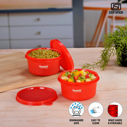 Sumeet ISI Certified Inside Steel Microwave Safe BPA Free Lunch Boxes/Storage Containers with Air Tight & Leak Proof Lid for Home/Office/School, 350ml, Set of 2, Red