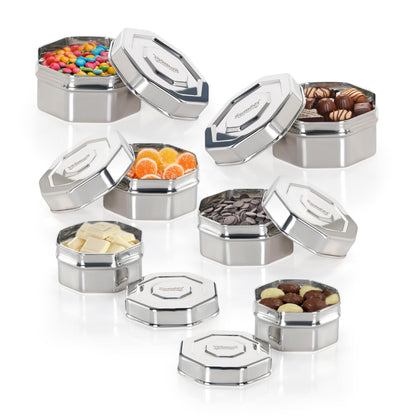 Sumeet ISI Certified Stainless Steel Hexagon Shape Small Canisters/Dabba/Storage Containers for Kitchen, Set of 6, 210ml. 270ml, 380ml - Silver