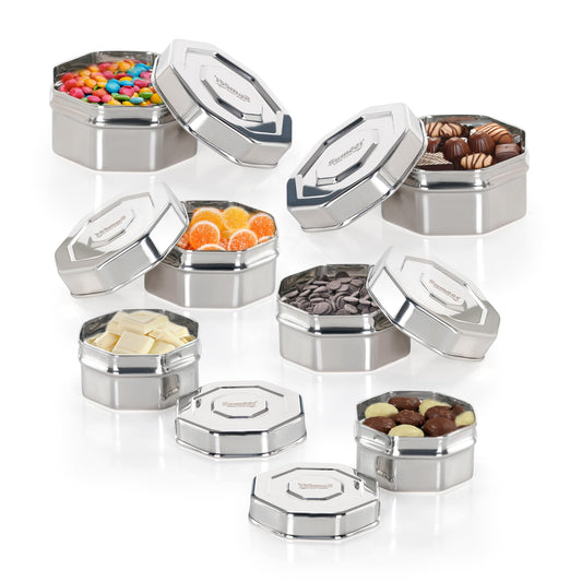 Sumeet ISI Certified Stainless Steel Hexagon Shape Small Canisters/Dabba/Storage Containers for Kitchen, Set of 6, 210ml. 270ml, 380ml - Silver