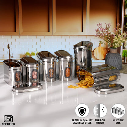 Sumeet ISI Certified Stainless Steel Capsul Canister/Container for Kitchen Storage with See Through Window - Set of 6 Pcs - 1400ml + 1850ml + 2600ml, Silver