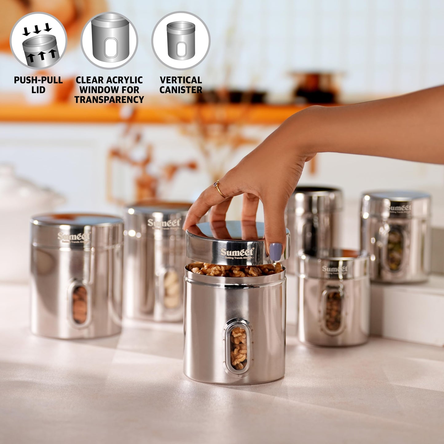 Sumeet Stainless Steel Small Containers/Jars/Dabba for - set of 6Pcs, 310ml +700ml capacity,7.3cm & 9.5cm Dia, Silver