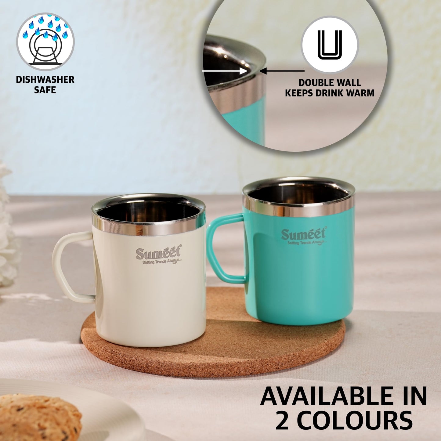 Sumeet Stainless Steel Coloured Double Wall Tea/Milk/Coffee Mug Set of 4Pc - 300ml - Green