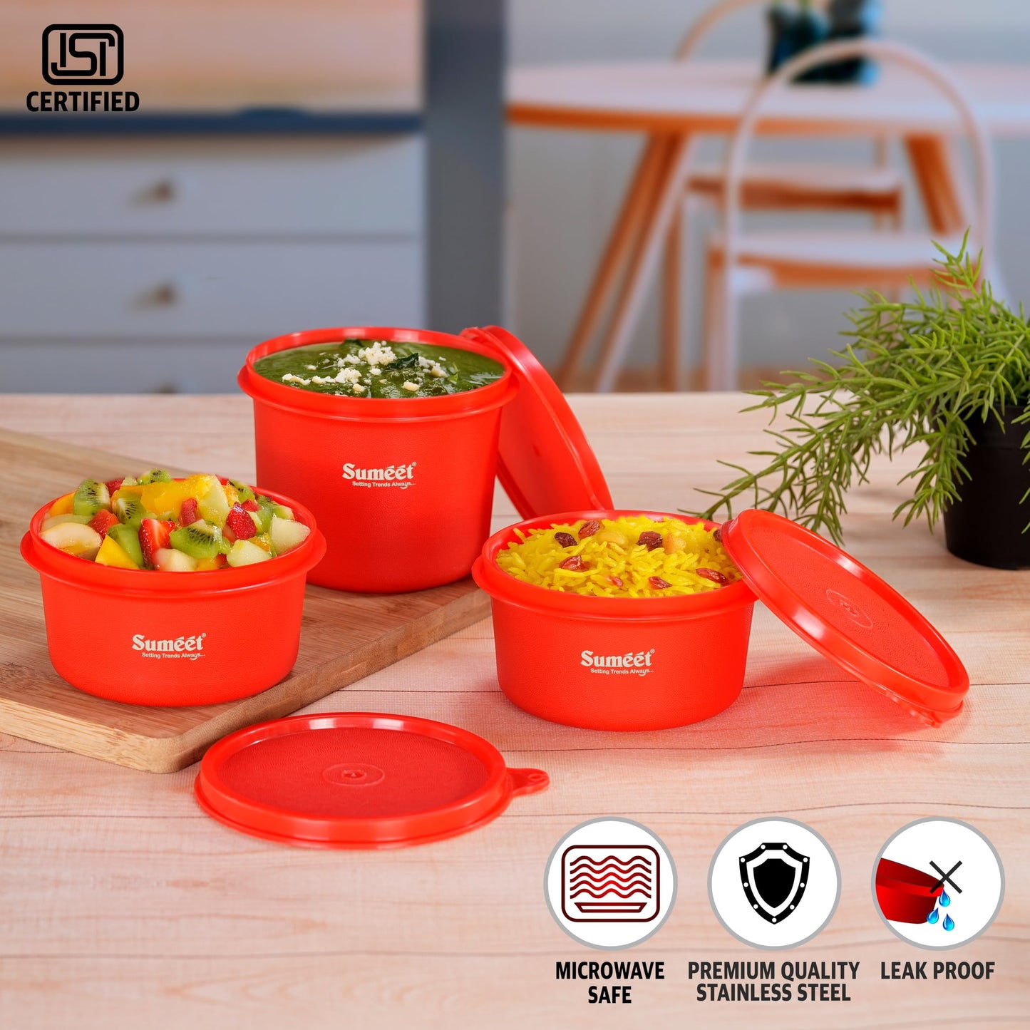 Sumeet ISI Certified Inside Steel Microwave Safe BPA Free Lunch Boxes/Storage Containers with Air Tight & Leak Proof Lid for Home/Office/School, 350ml & 500ml Set of 3, Red