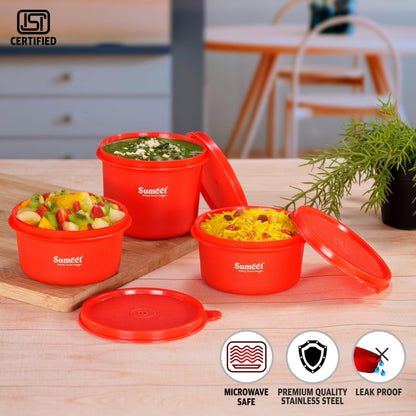 Sumeet ISI Certified Inside Steel Microwave Safe BPA Free Lunch Boxes/Storage Containers with Air Tight & Leak Proof Lid for Home/Office/School, 350ml & 500ml Set of 3, Red