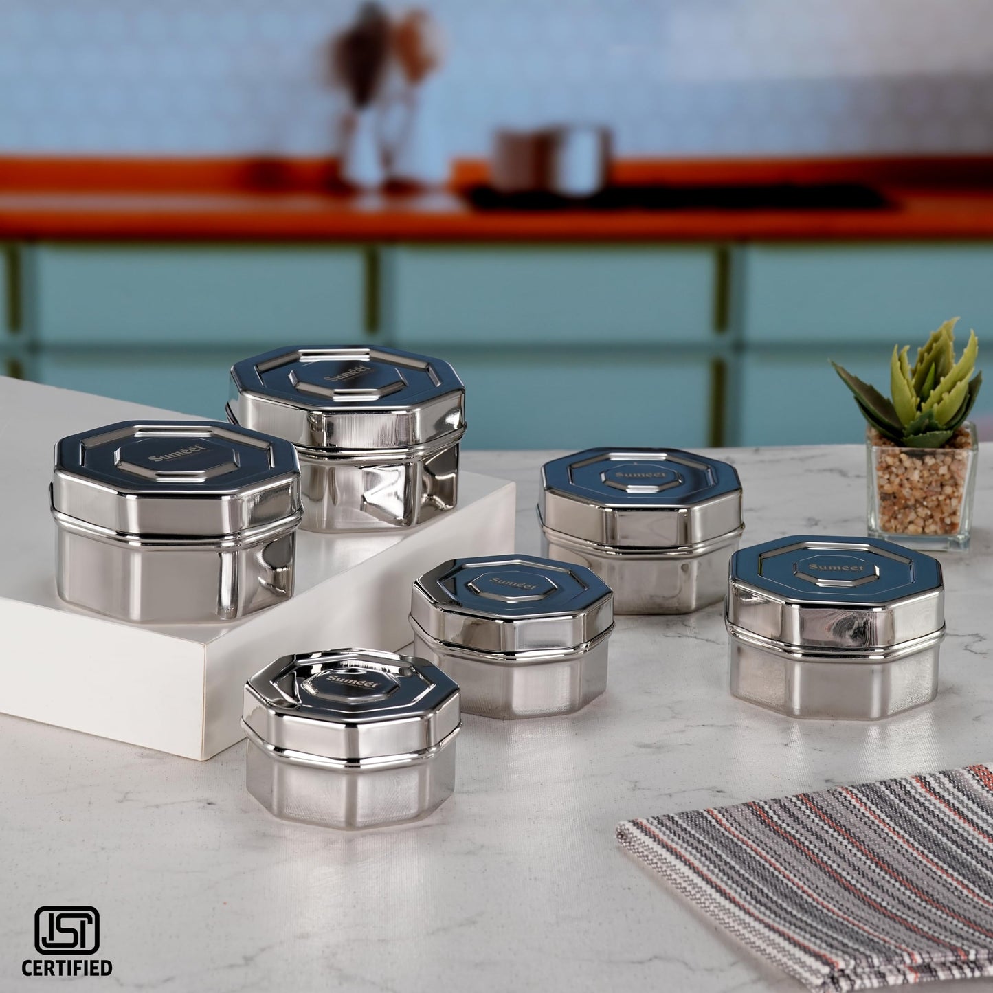 Sumeet ISI Certified Stainless Steel Hexagon Shape Small Canisters/Dabba/Storage Containers for Kitchen, Set of 6, 210ml. 270ml, 380ml - Silver