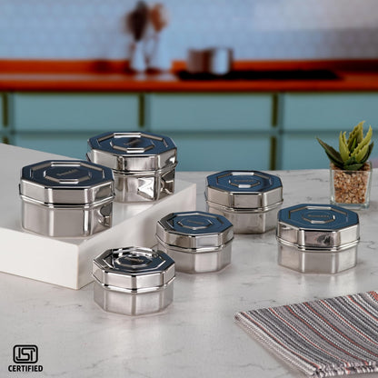Sumeet ISI Certified Stainless Steel Hexagon Shape Small Canisters/Dabba/Storage Containers for Kitchen, Set of 6, 210ml. 270ml, 380ml - Silver
