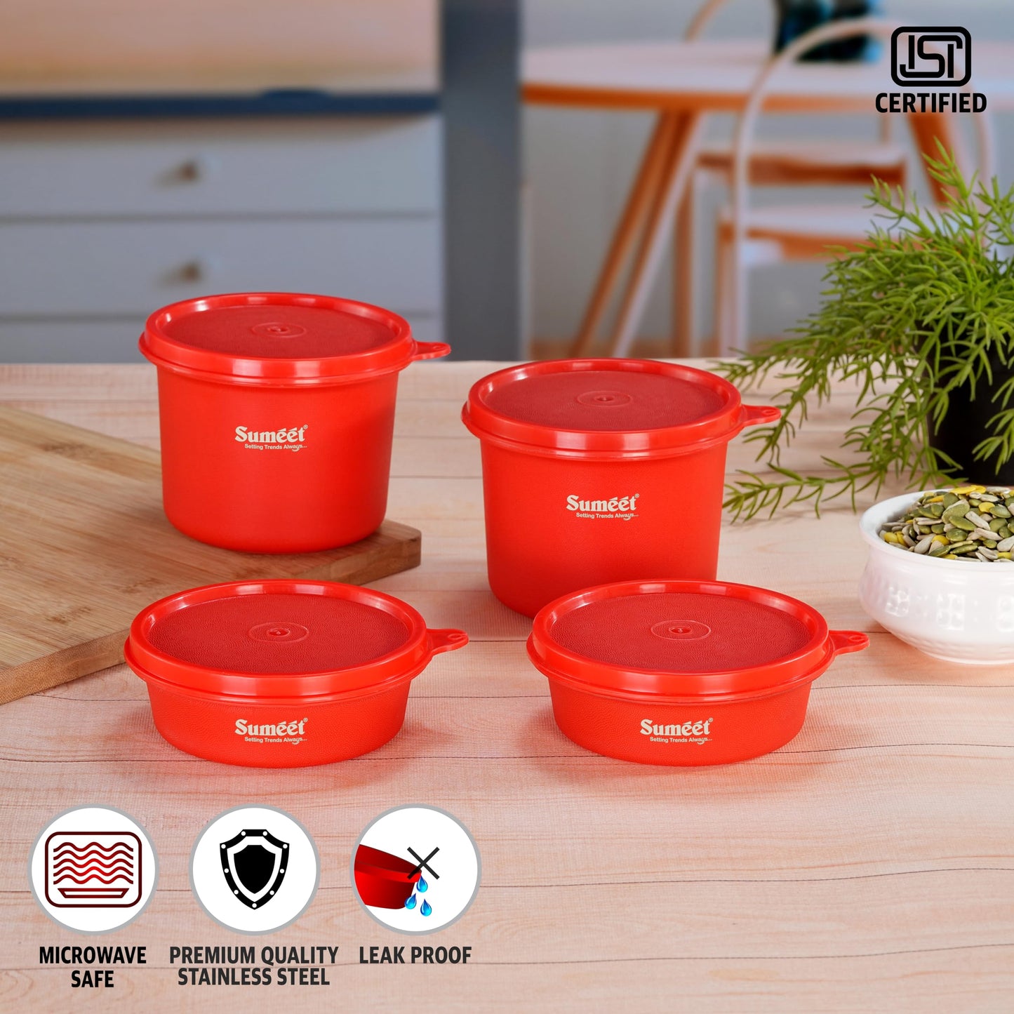 Sumeet ISI Certified Inside Steel Microwave Safe BPA Free Lunch Boxes/Storage Containers with Air Tight & Leak Proof Lid for Home/Office/School, 250ml & 500ml Set of 4, Red