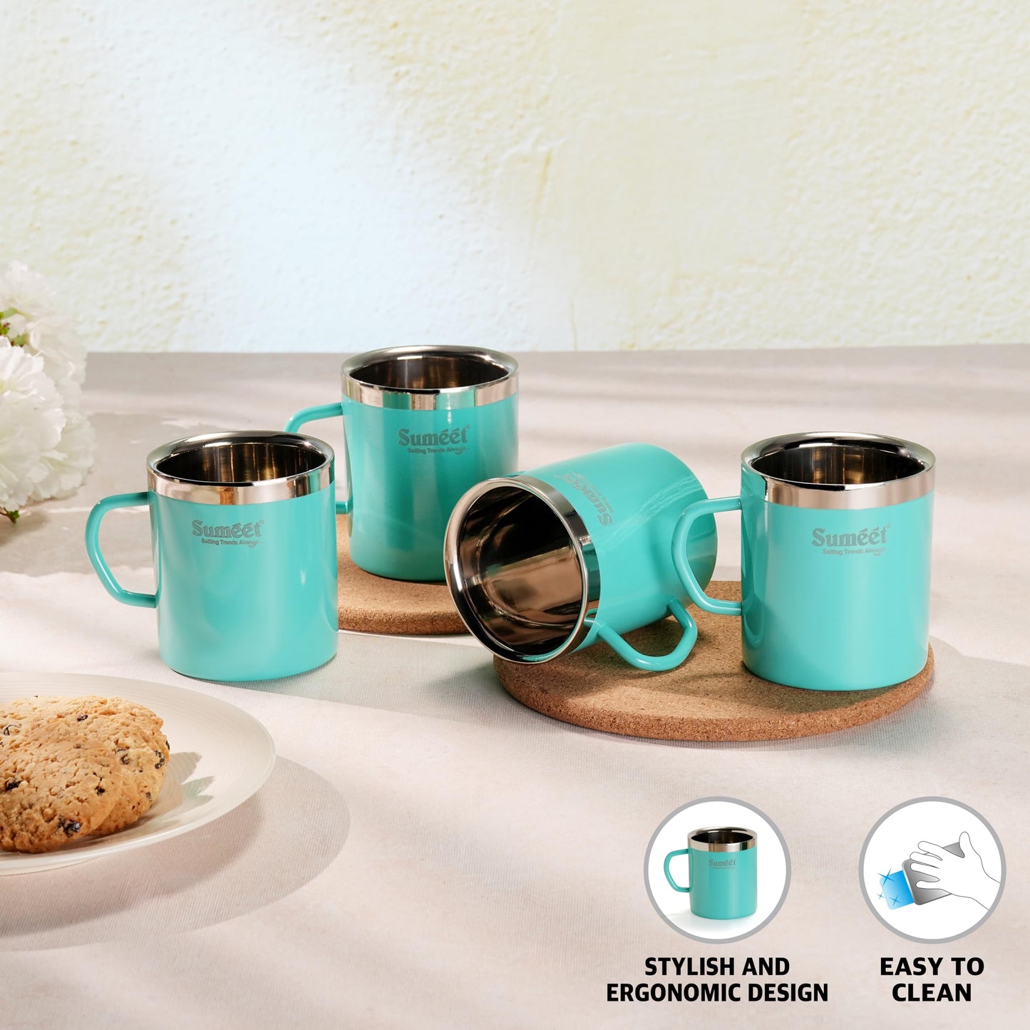 Sumeet Stainless Steel Coloured Double Wall Tea/Milk/Coffee Mug Set of 4Pc - 300ml - Green