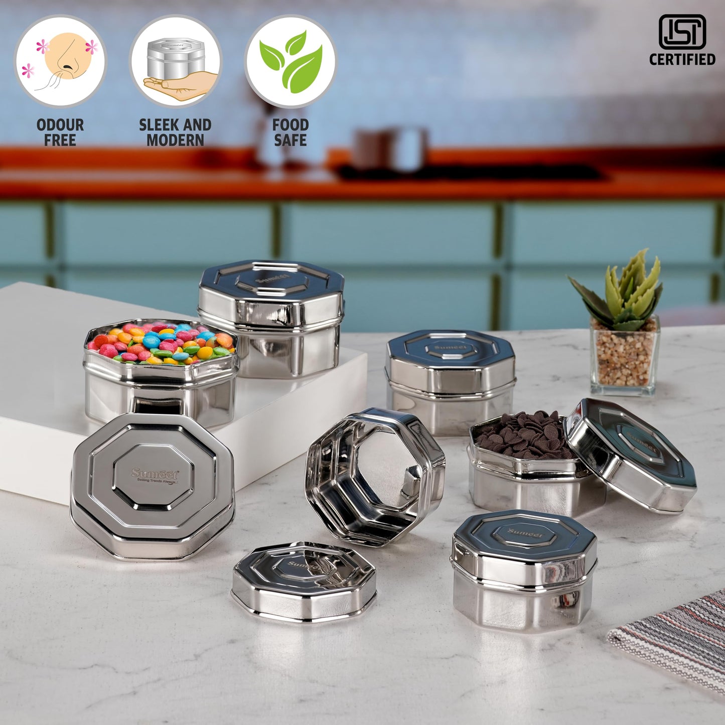 Sumeet ISI Certified Stainless Steel Hexagon Shape Small Canisters/Dabba/Storage Containers for Kitchen, Set of 6, 210ml. 270ml, 380ml - Silver