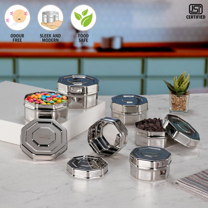 Sumeet ISI Certified Stainless Steel Hexagon Shape Small Canisters/Dabba/Storage Containers for Kitchen, Set of 6, 210ml. 270ml, 380ml - Silver