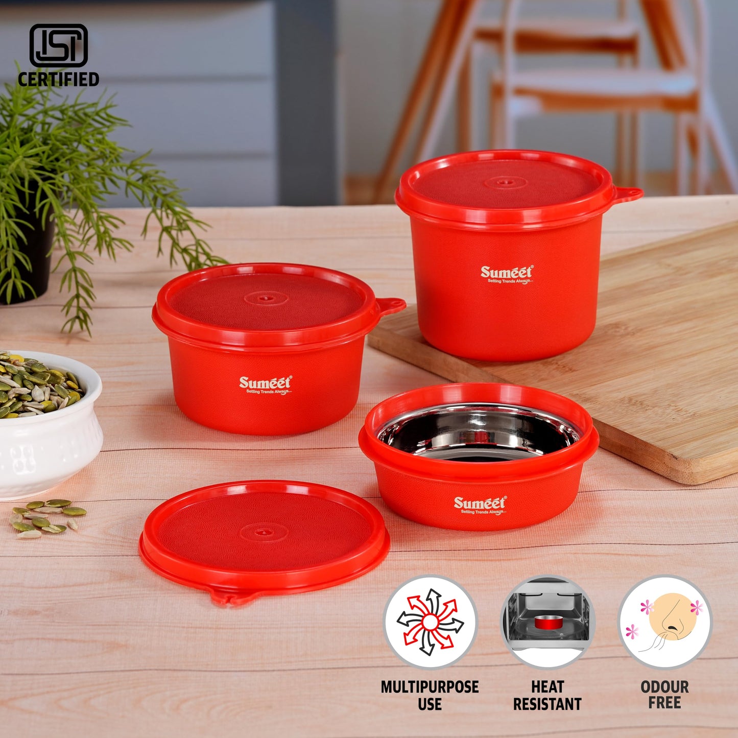 Sumeet ISI Certified Inside Steel Microwave Safe BPA Free Lunch Boxes/Storage Containers with Air Tight & Leak Proof Lid for Home/Office/School, 250ml, 350ml & 500ml, Set of 3, Red