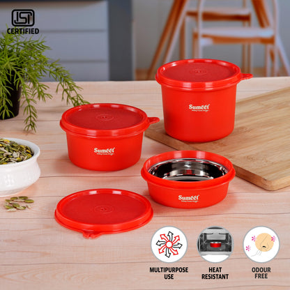 Sumeet ISI Certified Inside Steel Microwave Safe BPA Free Lunch Boxes/Storage Containers with Air Tight & Leak Proof Lid for Home/Office/School, 250ml, 350ml & 500ml, Set of 3, Red